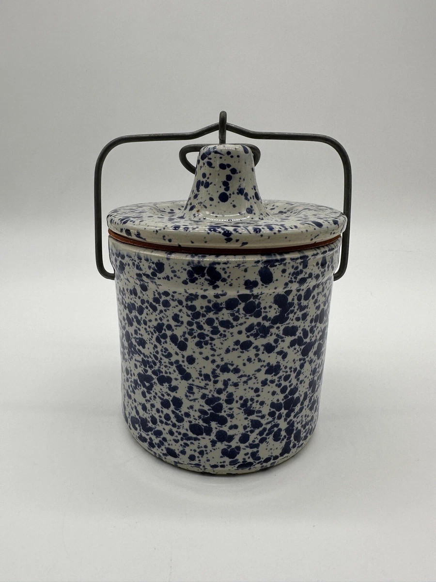 Blue and White Speckled Stoneware Cheese Butter Crock Jar Wire Bail Lid Vintage | eBay US