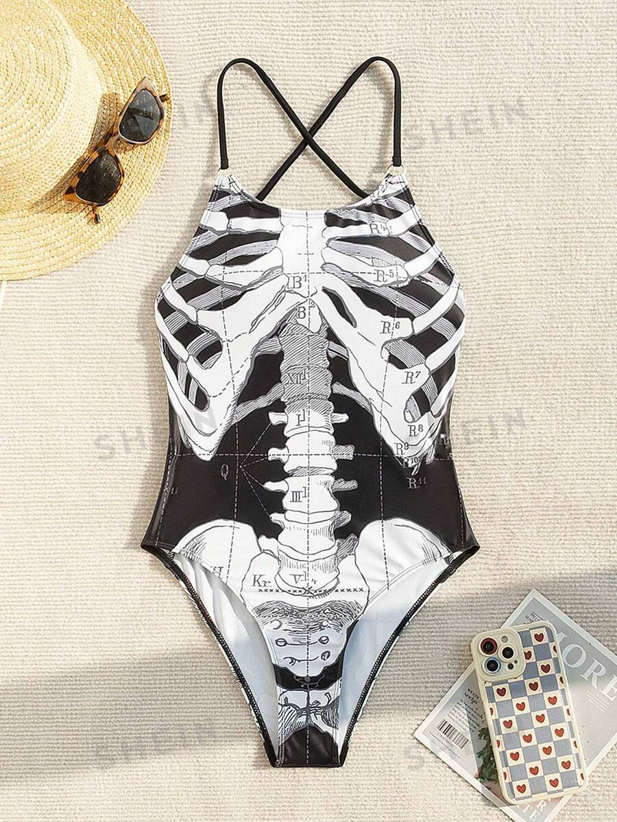 SHEIN Swim Summer Beach Women's Cross Tie Bone Print One-Piece Swimsuit With Printed Positioning | SHEIN
