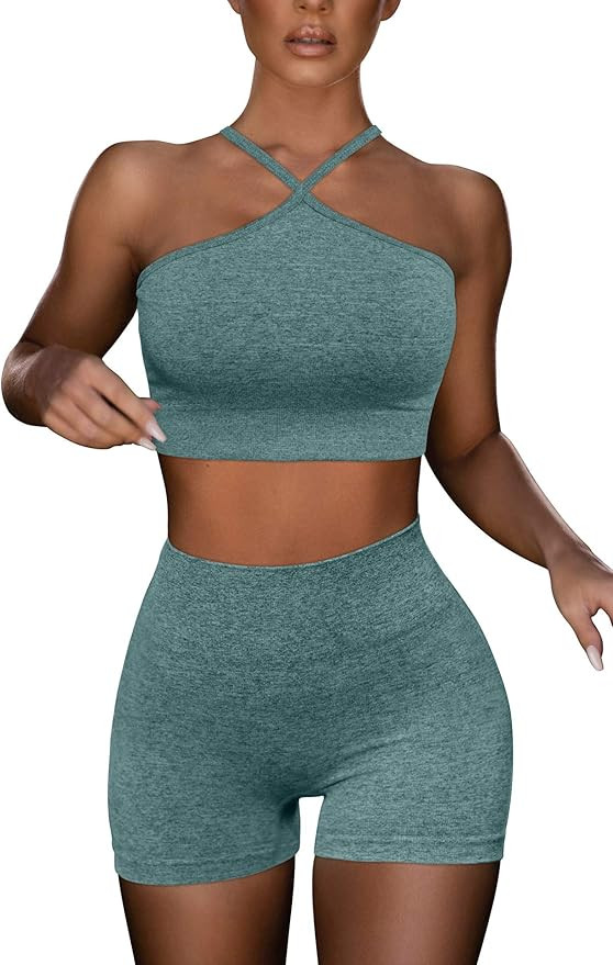 HYZ Women's Workout 2 Piece Outfits High Waist Yoga Shorts Sports Bra Sets Removable Padded | Amazon (US)