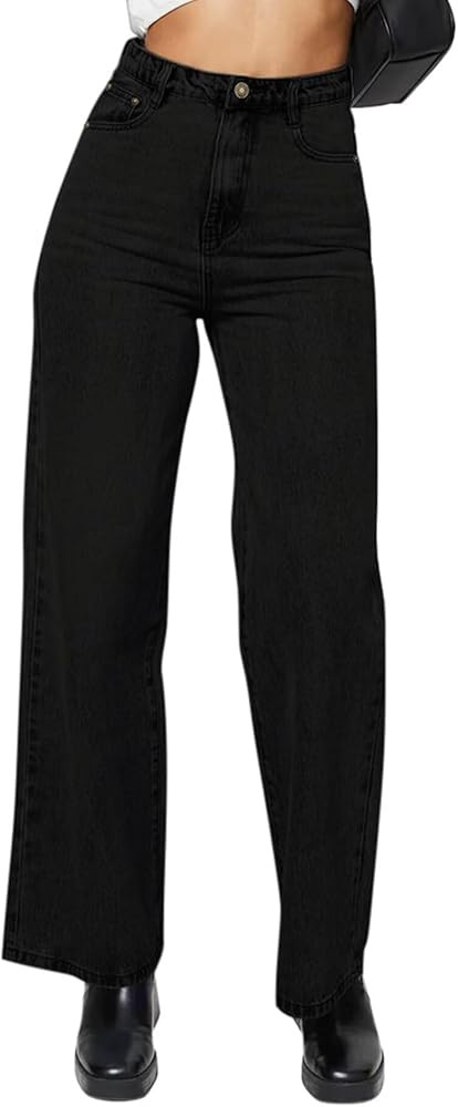 KDF Straight Leg Jeans for Women High Waisted Jeans Frayed Baggy Pants Raw Hem Loose Stretchy Cro... | Amazon (US)