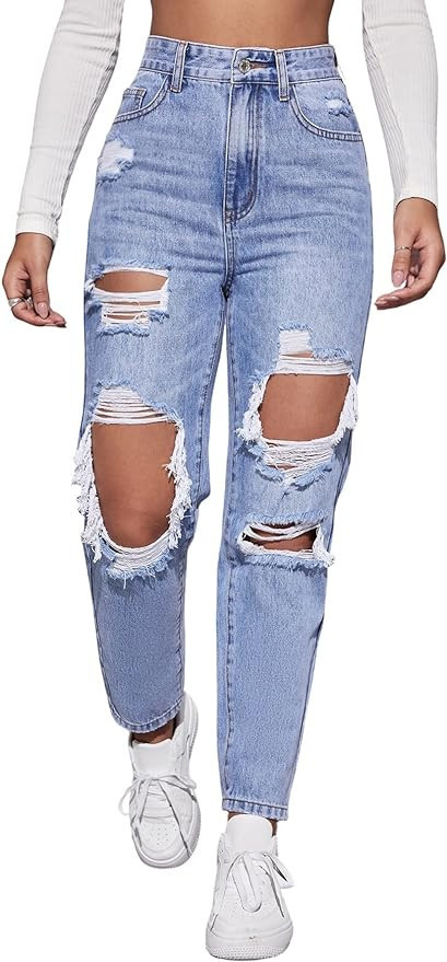 MakeMeChic Women's High Waist Straight Leg Ripped Jeans Distressed Denim Pants | Amazon (US)