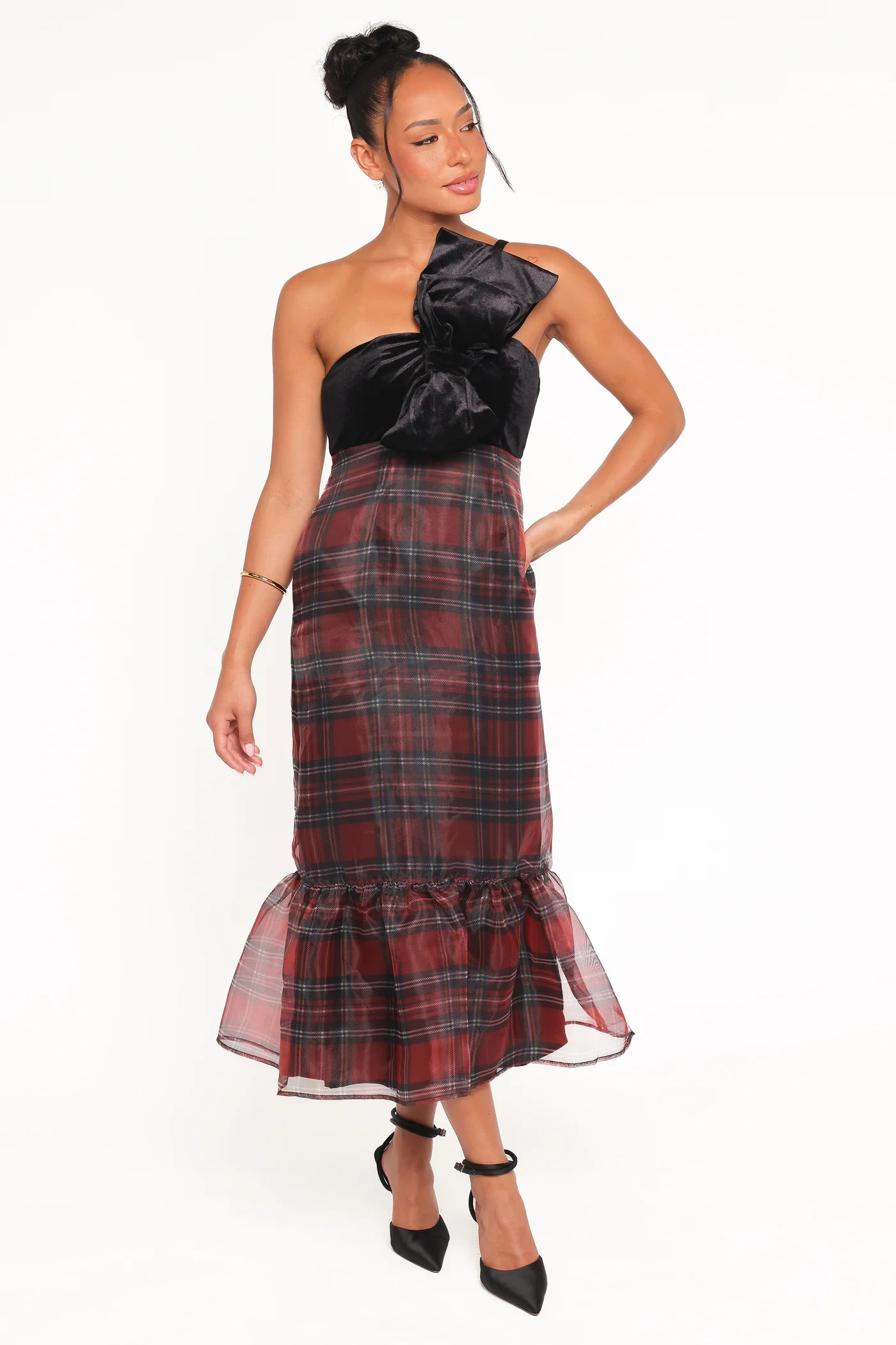 Amelie Bow Front One Shoulder Midi Dress - Red Plaid | Petal & Pup (US)