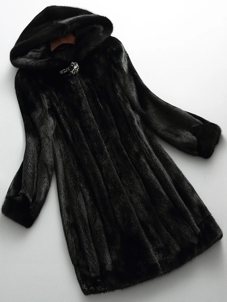 Winter Long Black Faux Mink Fur Coat Women with Hood Jacket | eBay US
