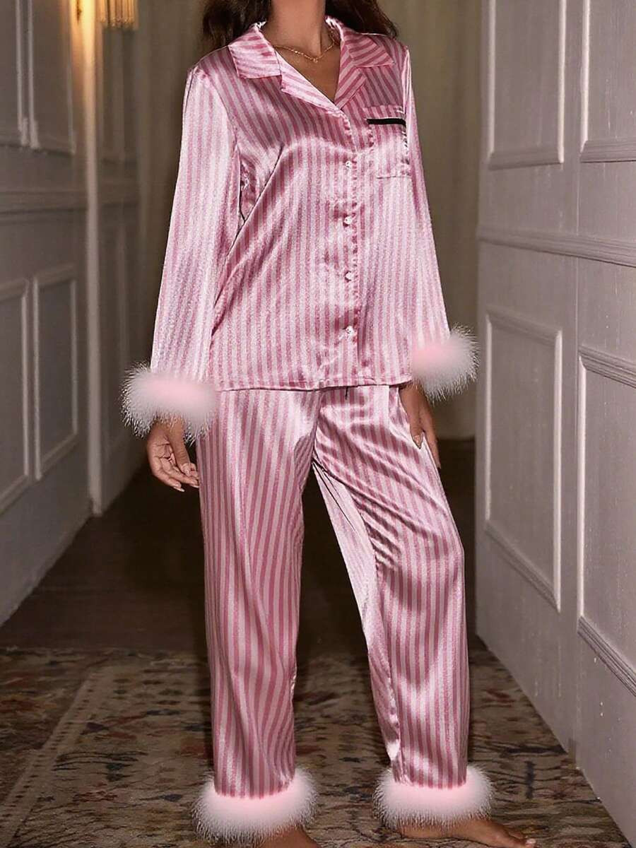 Satin Silk Pajama Set For Women Fall 2 Piece Striped Lounge Set Fuzzy Trim Long Sleeve Button Up ... | SHEIN