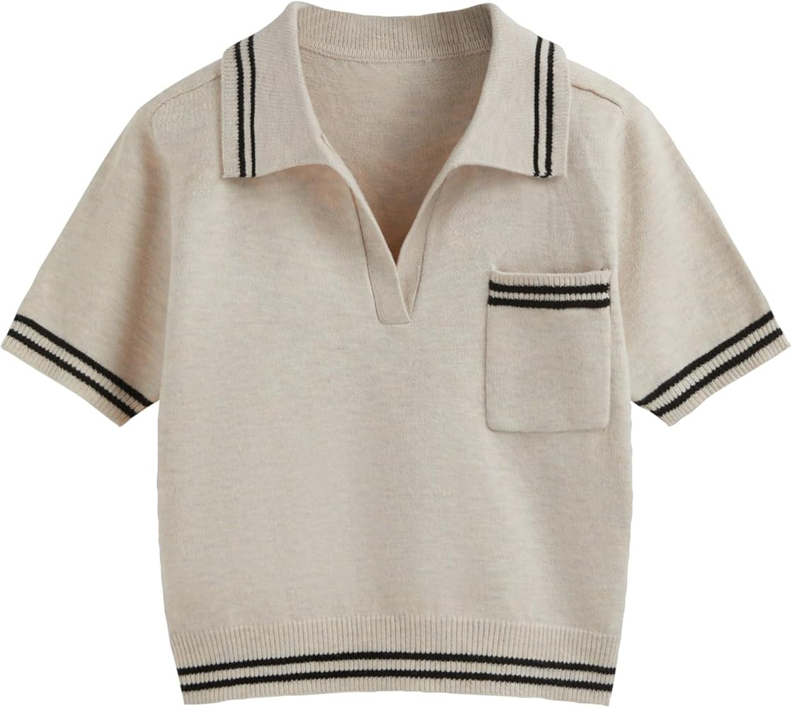 CIDER Short Sleeve Sweater Knit Top Collar Neck Stripe Pullover Casual Elegant Women’s Collared... | Amazon (US)