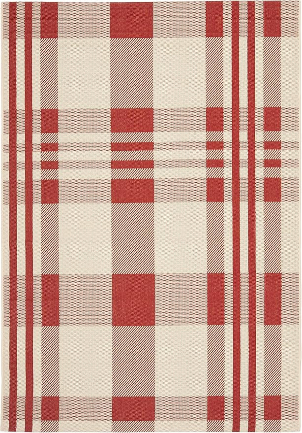 SAFAVIEH Courtyard Collection Accent Rug - 4' x 5'7", Red & Bone, Plaid Design, Non-Shedding & Ea... | Amazon (US)