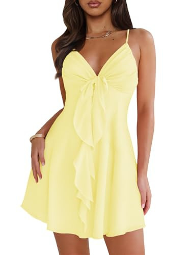 MIYIEONZ Women Sleeveless Sexy V Neck Summer Dress for Women Casual Flowy Beach Club Party Spaghetti Strap Mini Sundress Medium Yellow Short Dresses | Amazon (US)