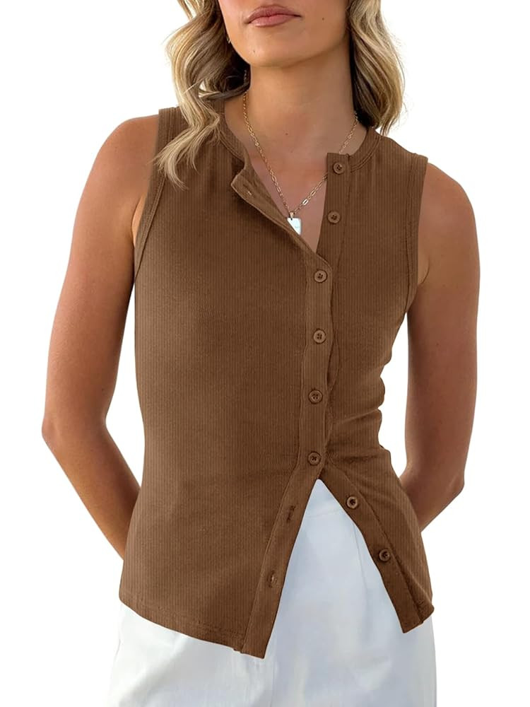 Cicy Bell Womens Button Down Tank Tops Summer Sleeveless Vest Tops Trendy Ribbed Fitted Going Out... | Amazon (US)