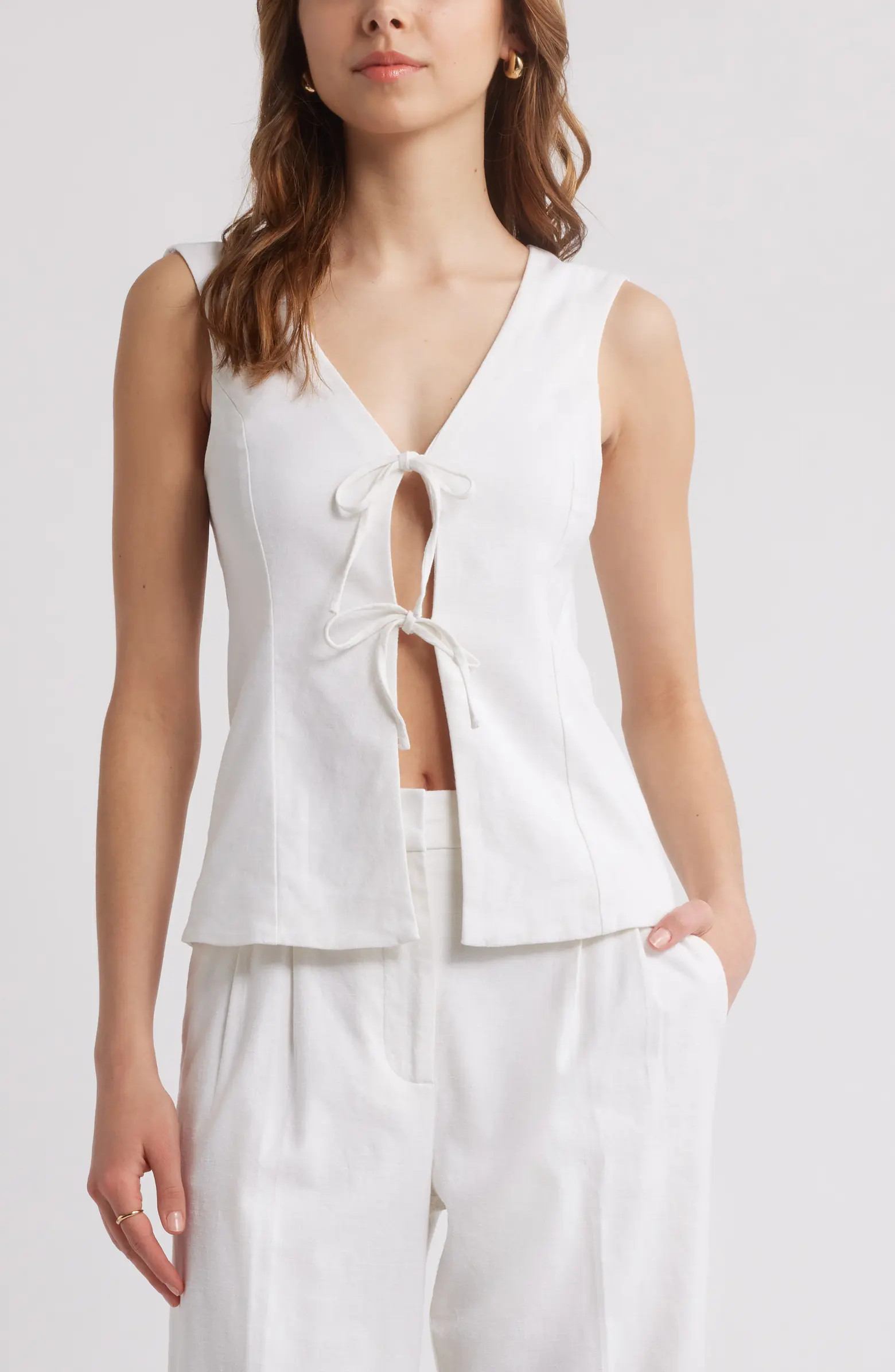 Open Edit Tie Front Linen Blend Top | Nordstrom | Nordstrom