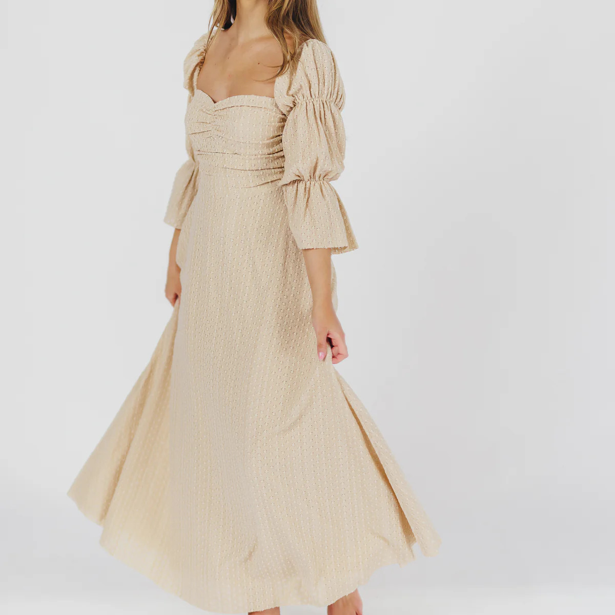 Corrine Tiered Sleeve Maxi Dress with Pockets in Beige - Bump Friendly | Worth Collective