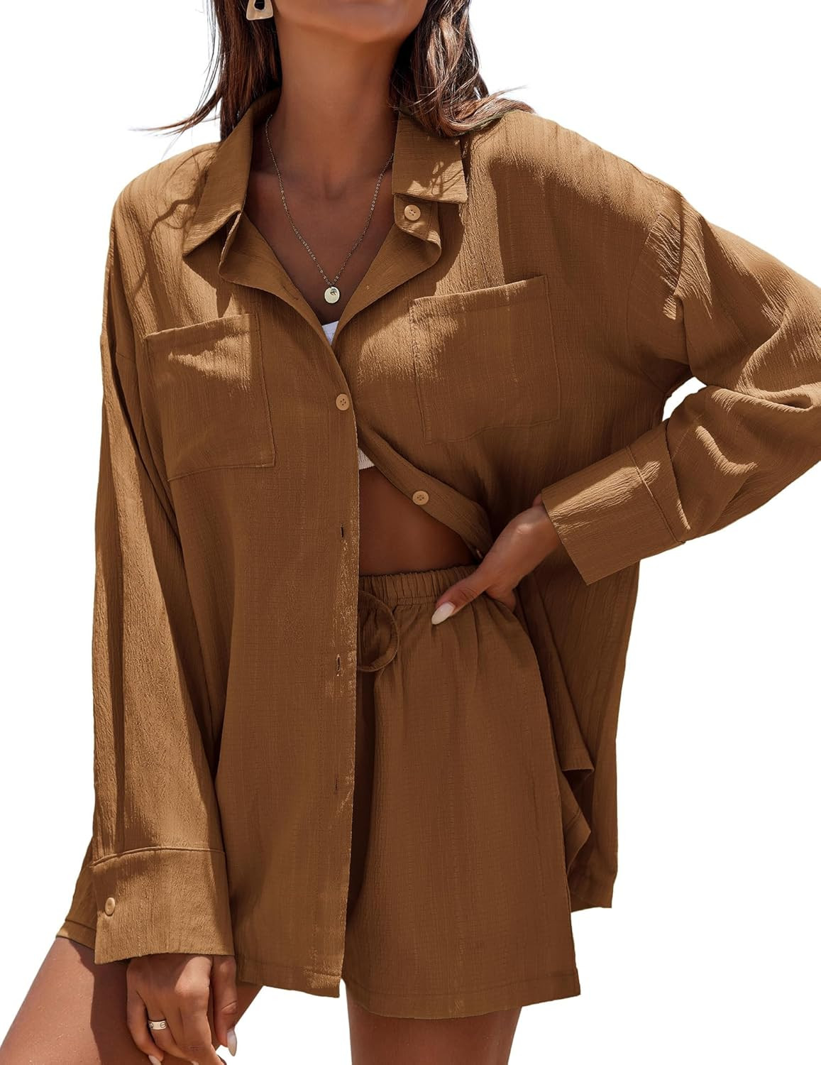 Ekouaer Womens Button Down Lounge Set Comfy 2 Piece Loungewear Pajama Sets with Pockets | Amazon (US)