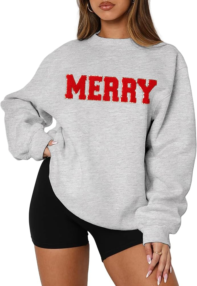 MAPICK Merry Sweatshirt for Women Christmas Fleece Linend Sequin Sweaters Crewneck Oversized Long... | Amazon (US)