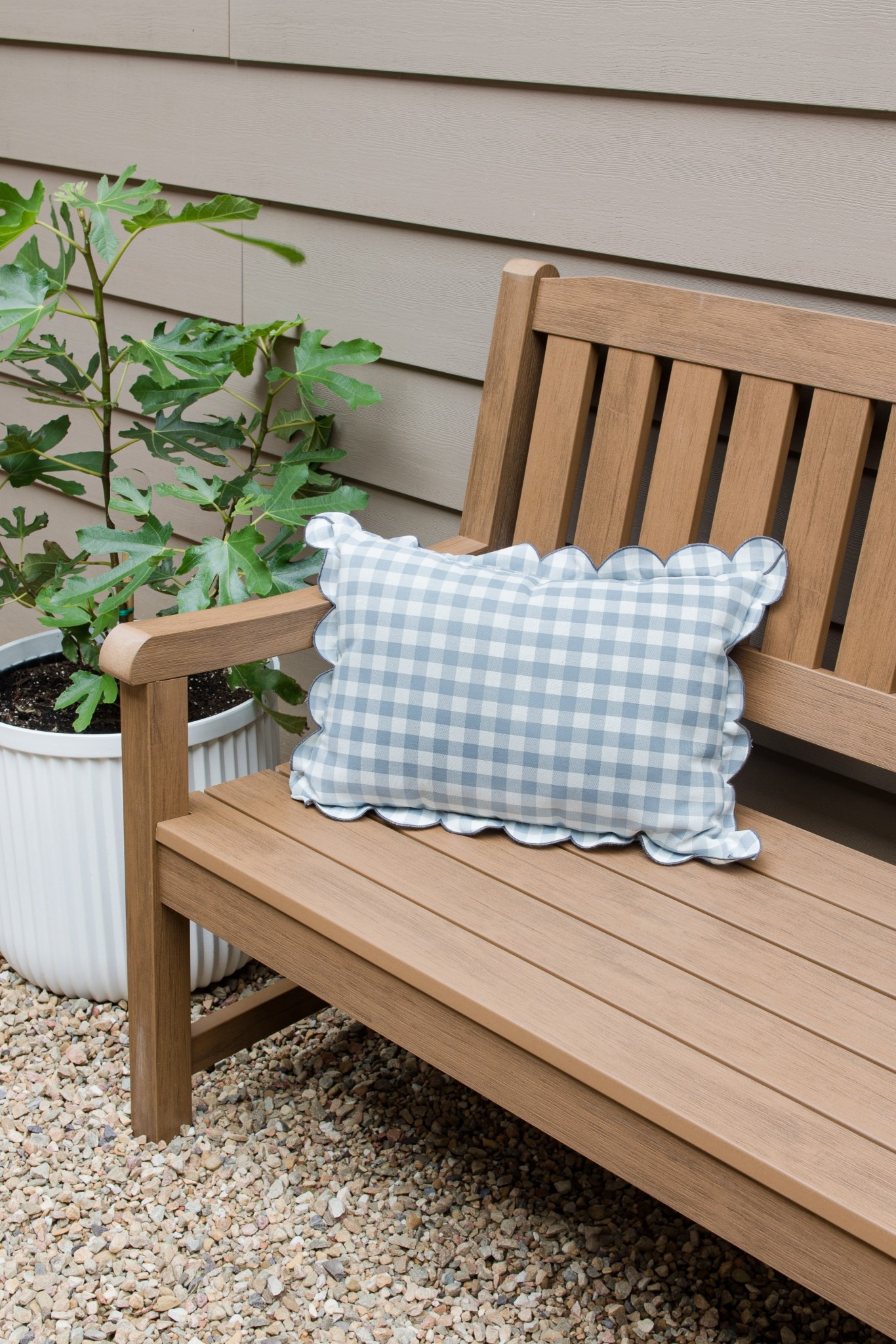 Outdoor all weather wood bench with McGee outdoor gingham patio pillow  

#LTKSeasonal #LTKSummerEdit #LTKHome
