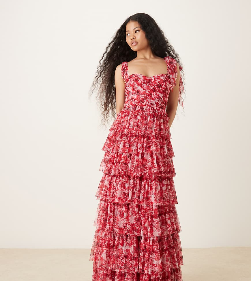 Lace & Beads Petite bow shoulder tulle maxi dress in red and pink floral-Green | ASOS (Global)