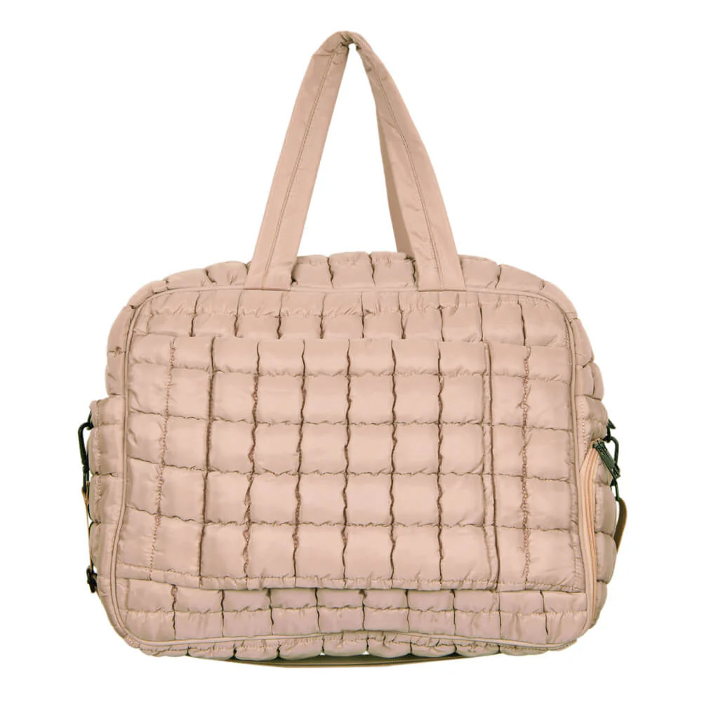 Tan Quilted Duffel Weekender Bag w/ Pass-Thru Slip | Katydid.com