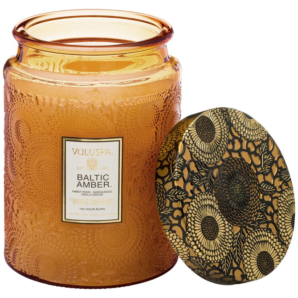 Large Embossed Glass Jar Candle in Baltic Amber design by Voluspa – BURKE DECOR | Burke Decor