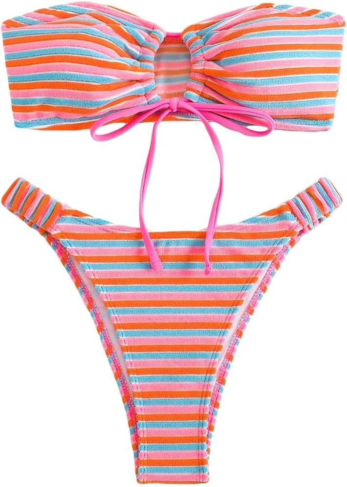 Women's Striped Printed Bandeau Bathing Suit High Waisted Swimsuit Bikini Set | Amazon (US)