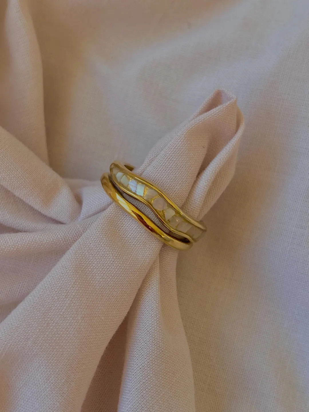 Gold Wavy Ring: Mother of Pearl Double Layer Band - Etsy | Etsy (US)