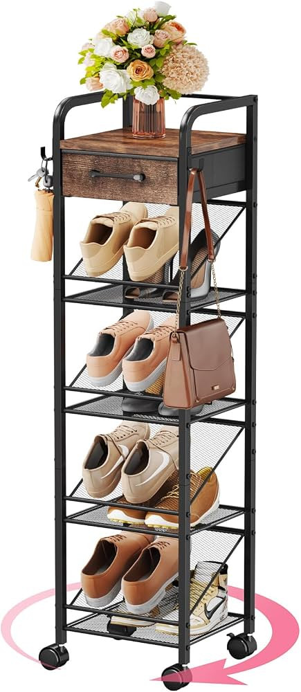 SWTYMIKI Rolling Vertical Shoe Rack - Shoe Tower with Drawer and Hooks, Shoe Storage Organizer fo... | Amazon (US)