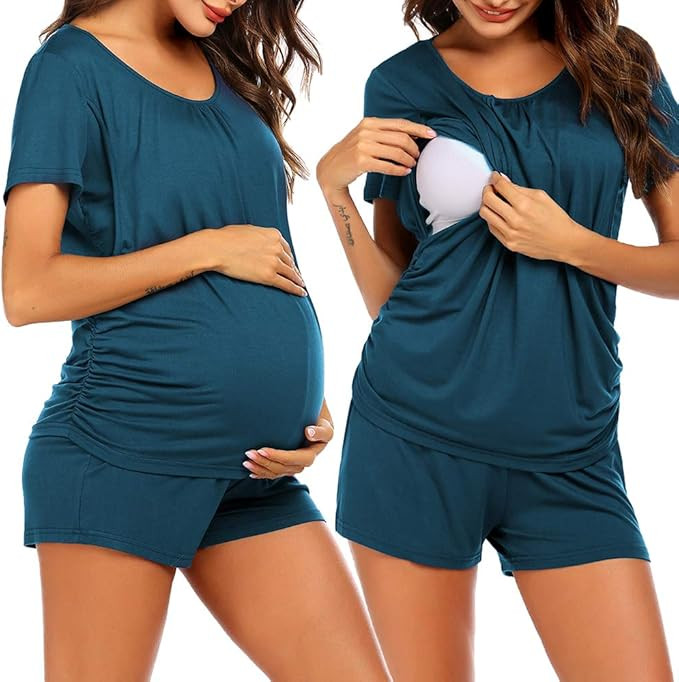Ekouaer Women's Maternity Nursing Pajama Set Breastfeeding Sleepwear Set Double Layer Short Sleev... | Amazon (US)