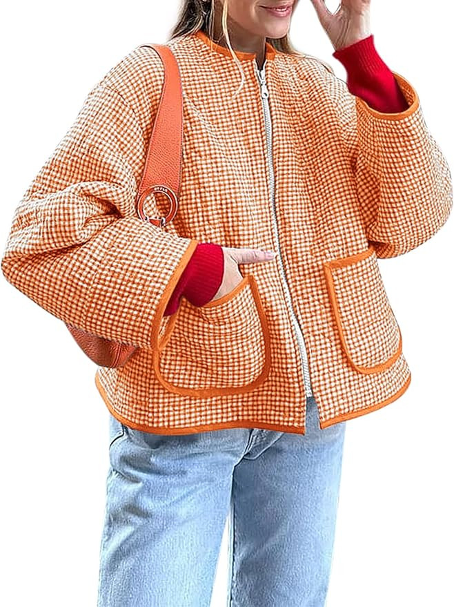 Yousify Womens Jackets Fall Fashion 2025 Crew Neck Quilted Plaid Jacket Full Zipper Coats S-2XL | Amazon (US)