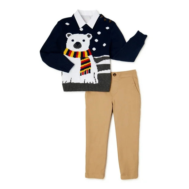 Wonder Nation Baby Boy & Toddler Boy Holiday Sweater, Button-Up Shirt, and Pants Dressy Outfit Se... | Walmart (US)
