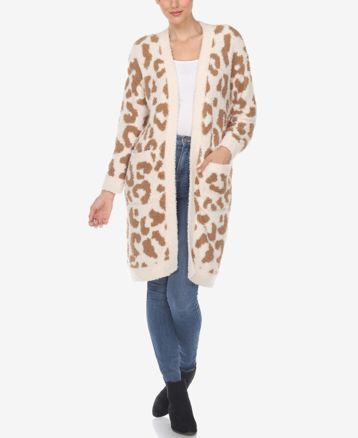 White Mark Women's Leopard Print Open Front Sherpa Cardigan - Tan Leopard | Macy's