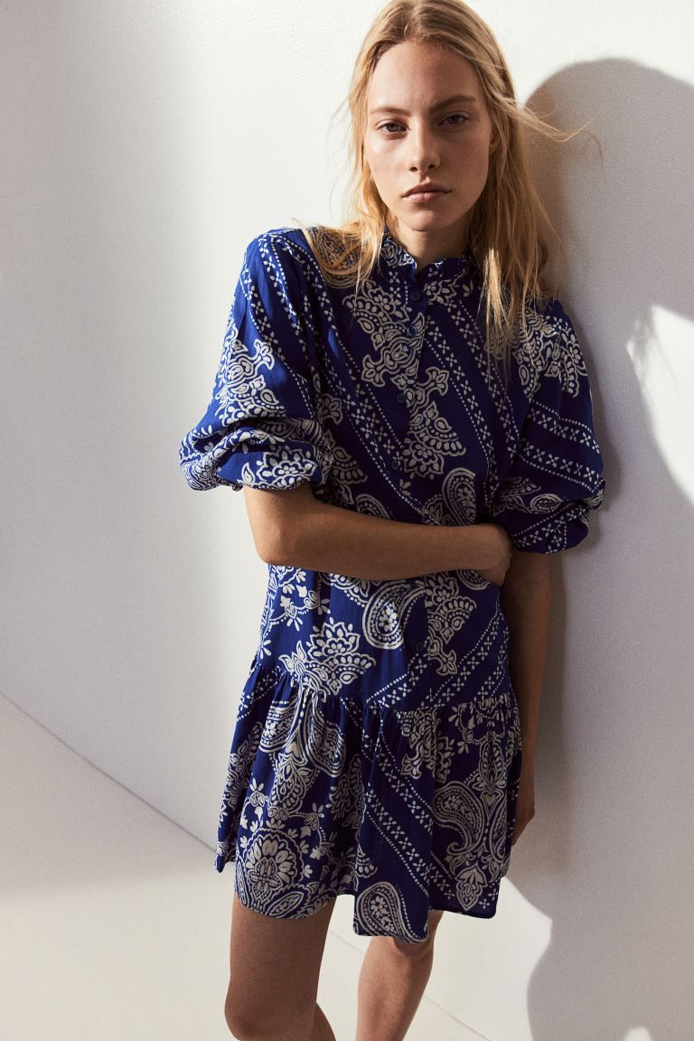 Ruffle-collar Dress - Long sleeve - Short - Bright blue/paisley-patterned - Ladies | H&M US | H&M (US + CA)