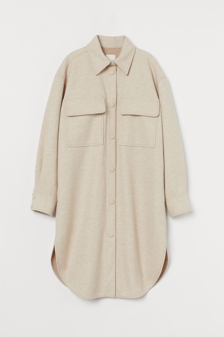 Long, straight-cut shirt jacket in felted fabric. Collar, covered snap fasteners at front, chest ... | H&M (US + CA)