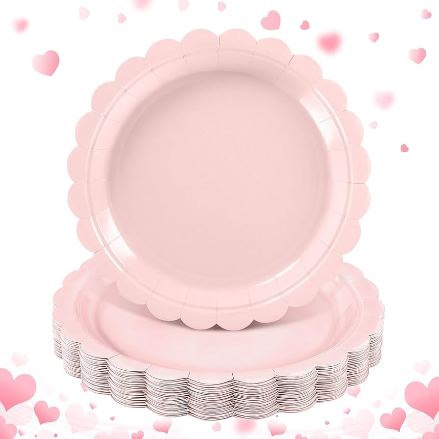 30 Pcs Pink Paper Plates 9 Inch Scalloped Valentines Plates Pink Dessert Plate Cute Party Plate f... | Amazon (US)