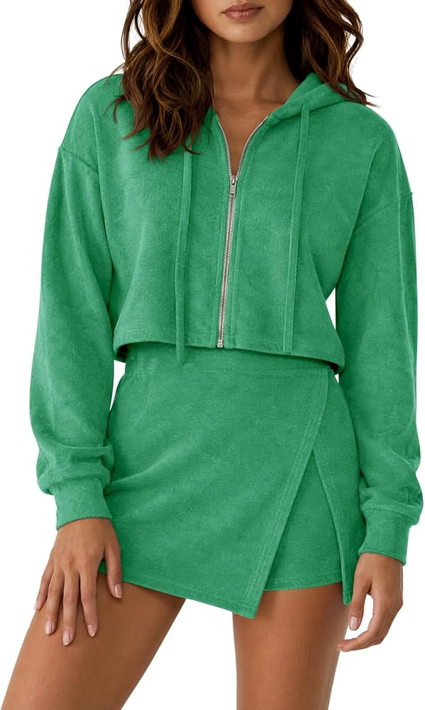 Fisoew Womens 2 Piece Skirt Set Zip Up Hoodie and Skort Sets Sweatsuits | Amazon (US)