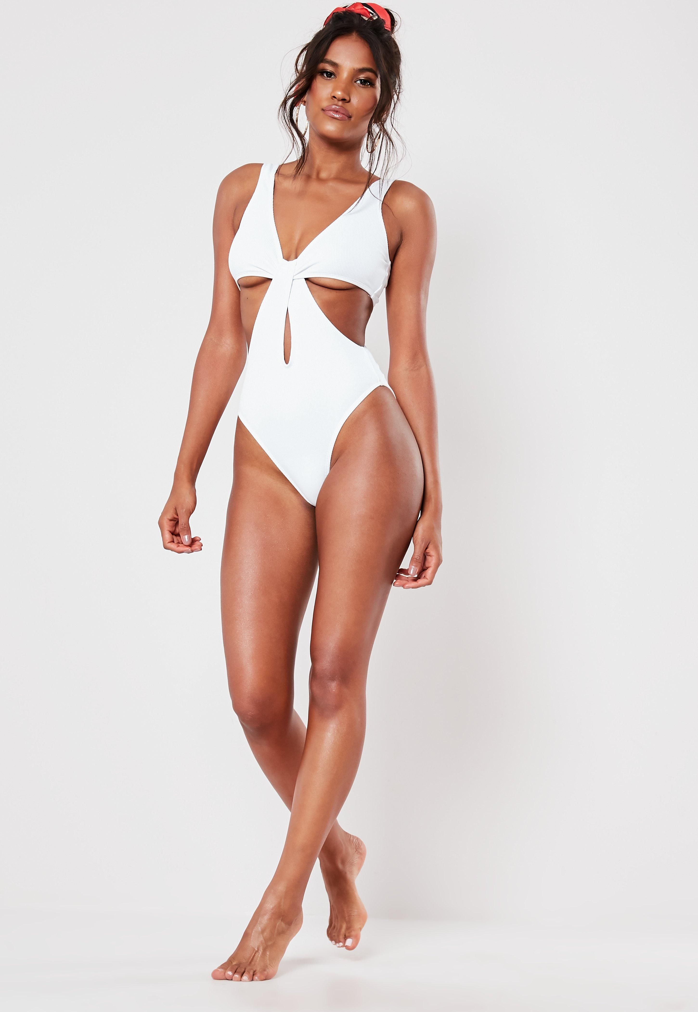 White Rib Cut Out Scoop High Leg Swimsuit | Missguided (US & CA)