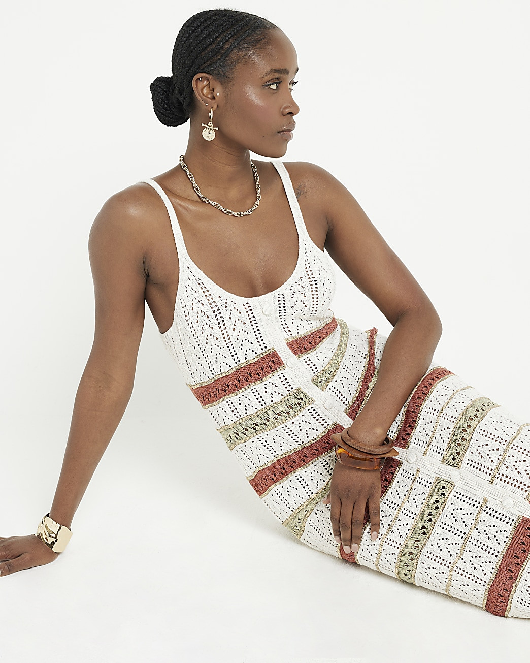 Beige knit metallic crochet maxi dress | River Island (UK & IE)