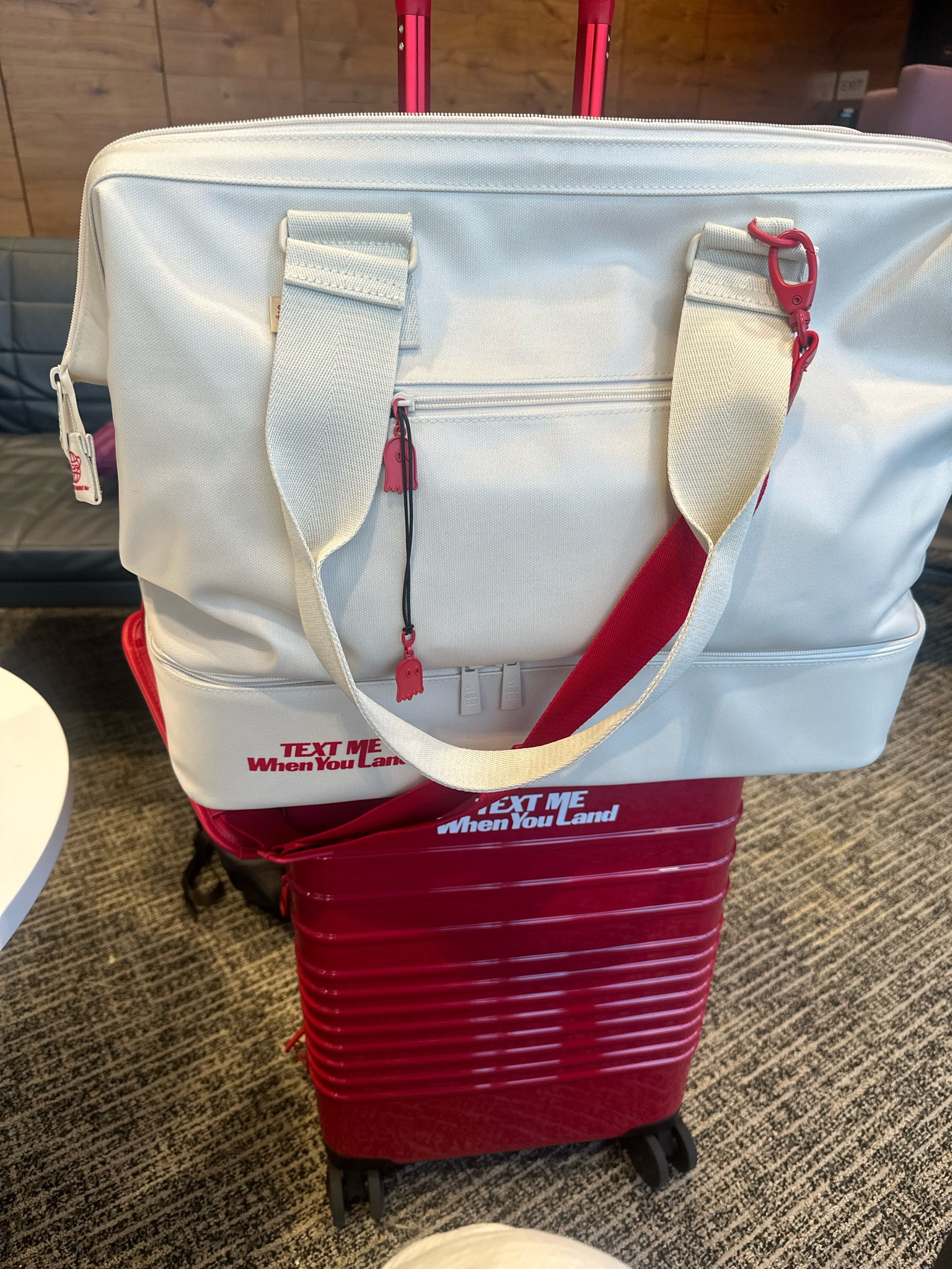 Beis 
Lonely ghost 
Text me when you land 
Red luggage 
Matching luggage set 
Best luggage’s 
Weekender bag 
Carry on 
Travel 

#LTKstyletip #LTKitbag #LTKtravel