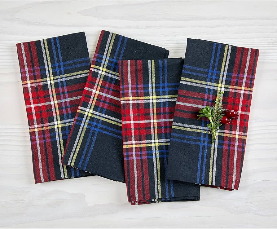 Solino Home Linen Stewart Plaid Napkins Set of 4-100% Pure Linen Christmas Black Tartan Plaid Din... | Amazon (US)