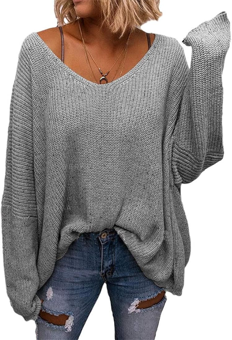 BZB Women's V Neck Long Sleeve Knit Loose Oversized Pullover Sweater | Amazon (US)