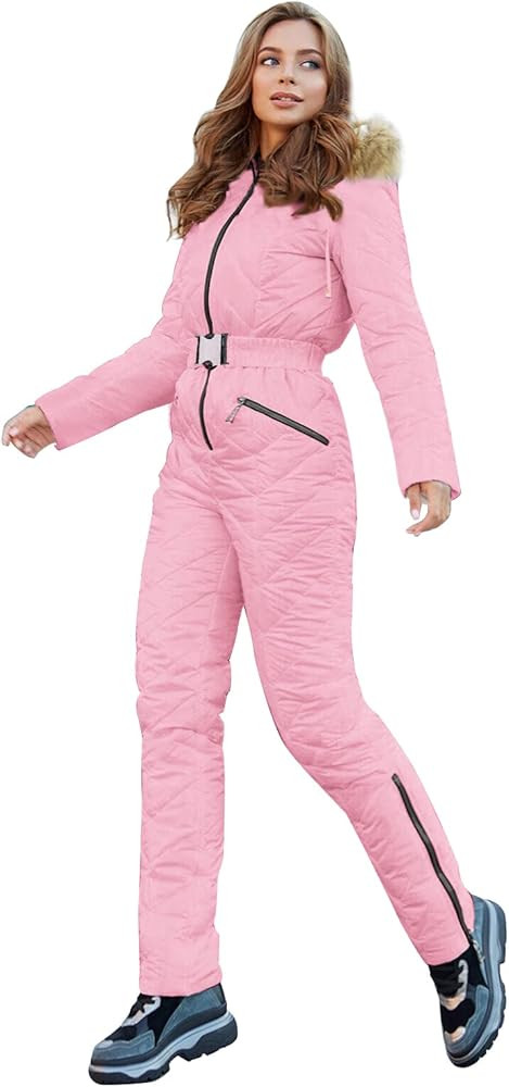 Yousify Womens Winter Ski Suit One Piece Hooded Fur Collar Ski Jumpsuit Snowsuit Outdoor Sports C... | Amazon (US)