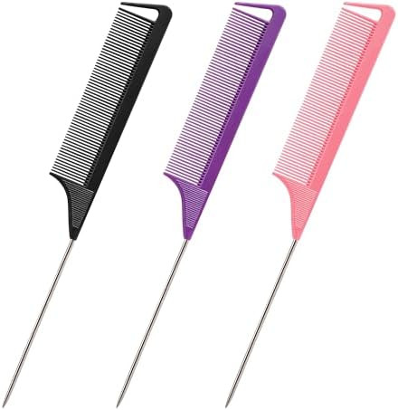 Rat Tail Combs Set: 3Pcs Long Steel Pin Teasing Combs for Salon Hair Stylists, Metal Parting Comb... | Amazon (US)
