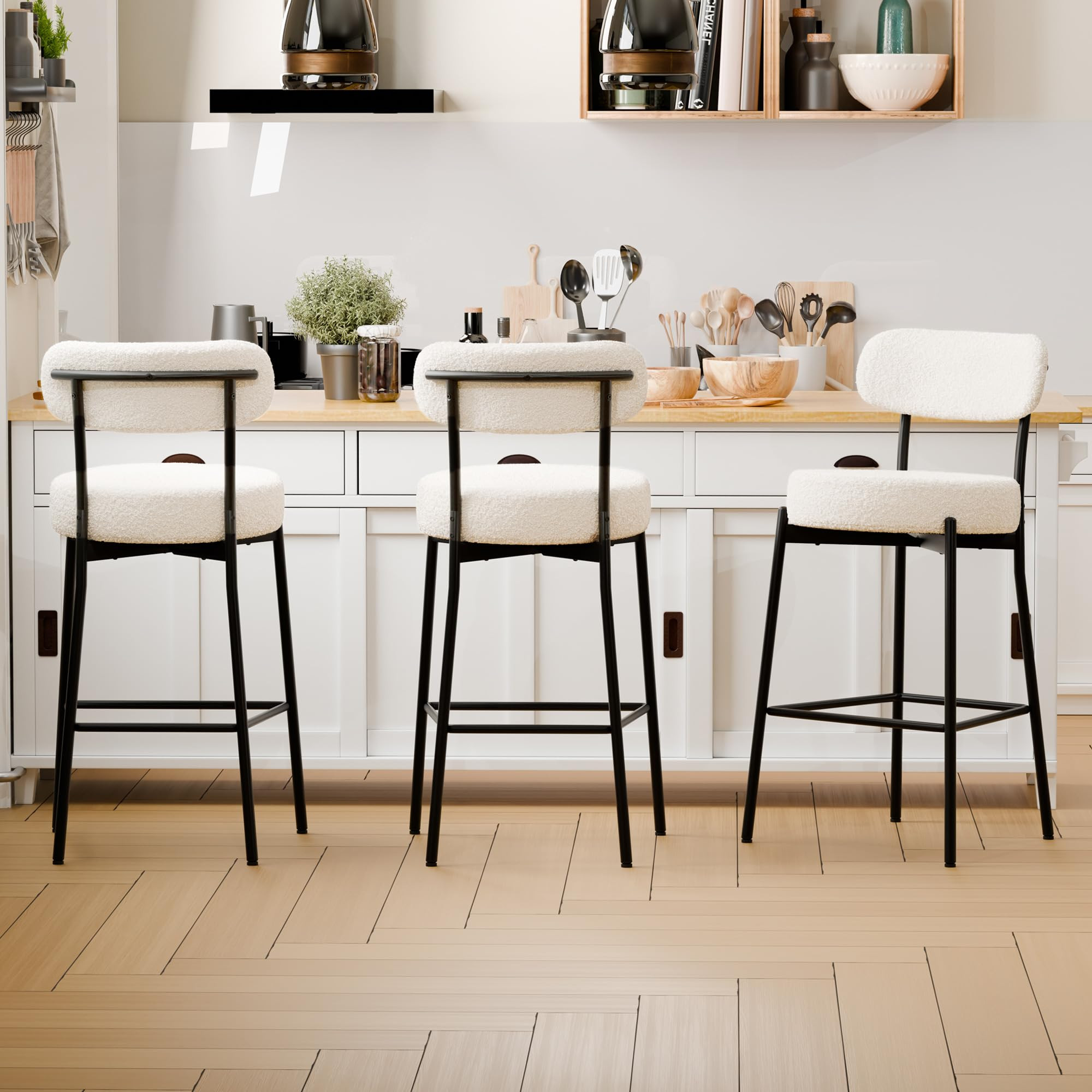 DYHOME White Bar Stools Set of 3, 27 Inches Counter Height Bar Stools with Back, Modern Boucle Me... | Amazon (CA)