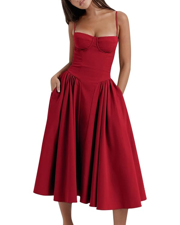 Women’s Corset Dress Sexy Spaghetti Strap Bustier Midi Dress Low Cut Flowy Pleated Hem Formal D... | Amazon (US)