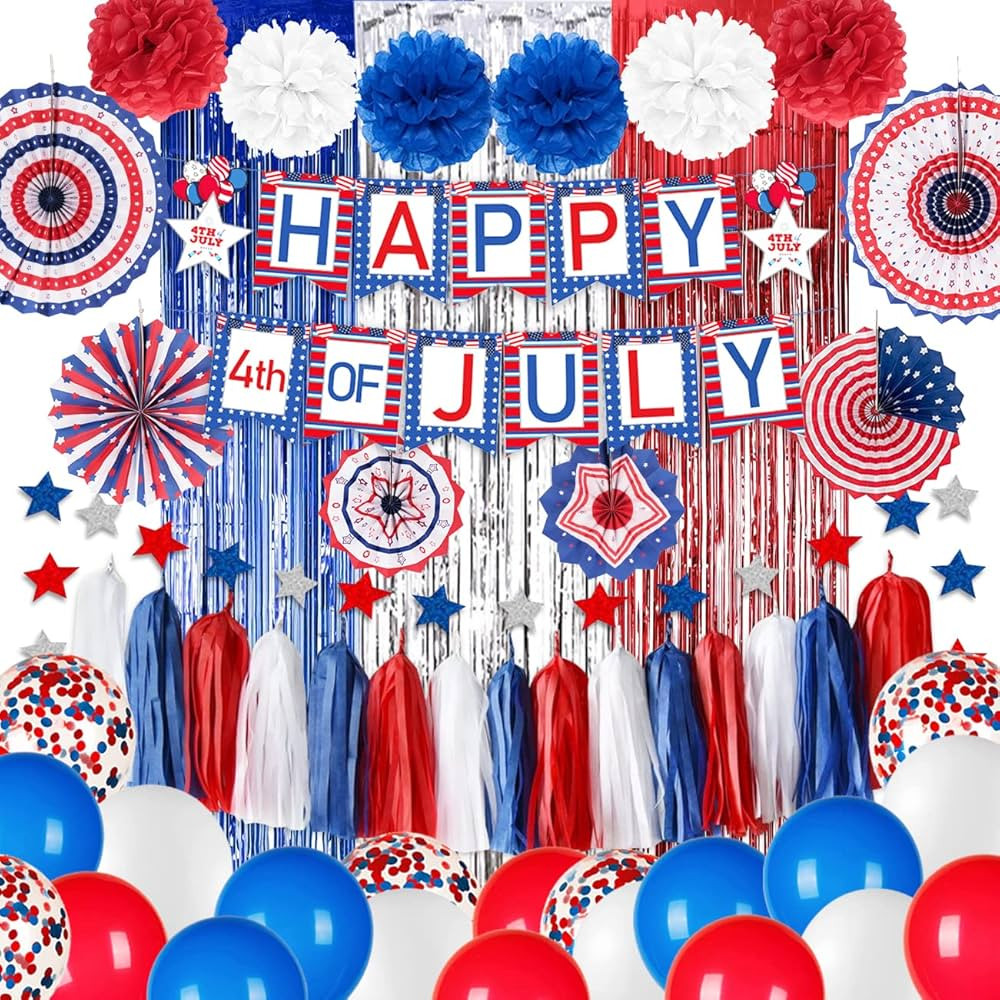 Memorial Day Decorations-4th of July Patriotic Party Supplies Including Red White and Blue Banner... | Amazon (US)