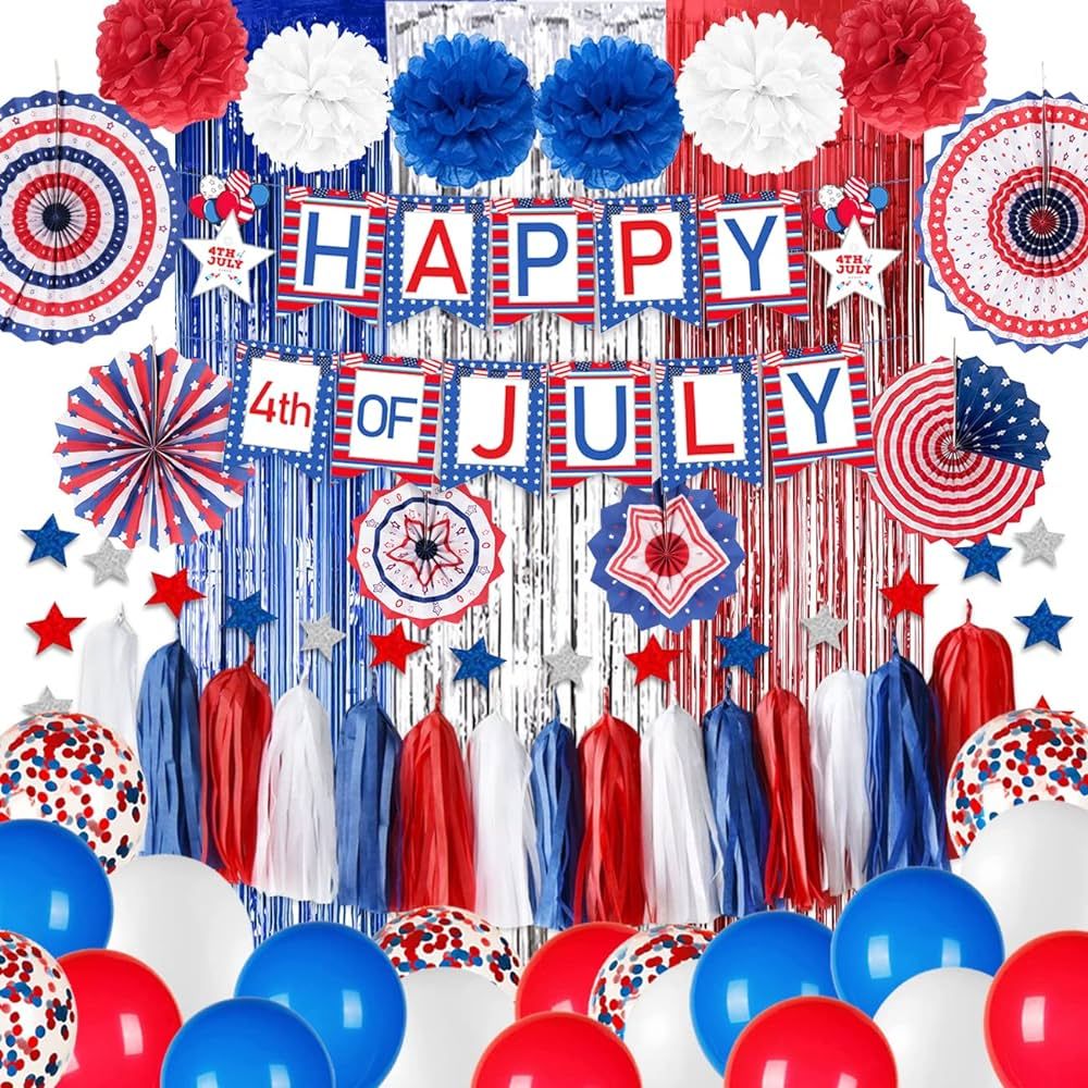 Memorial Day Decorations-4th of July Patriotic Party Supplies Including Red White and Blue Banner... | Amazon (US)