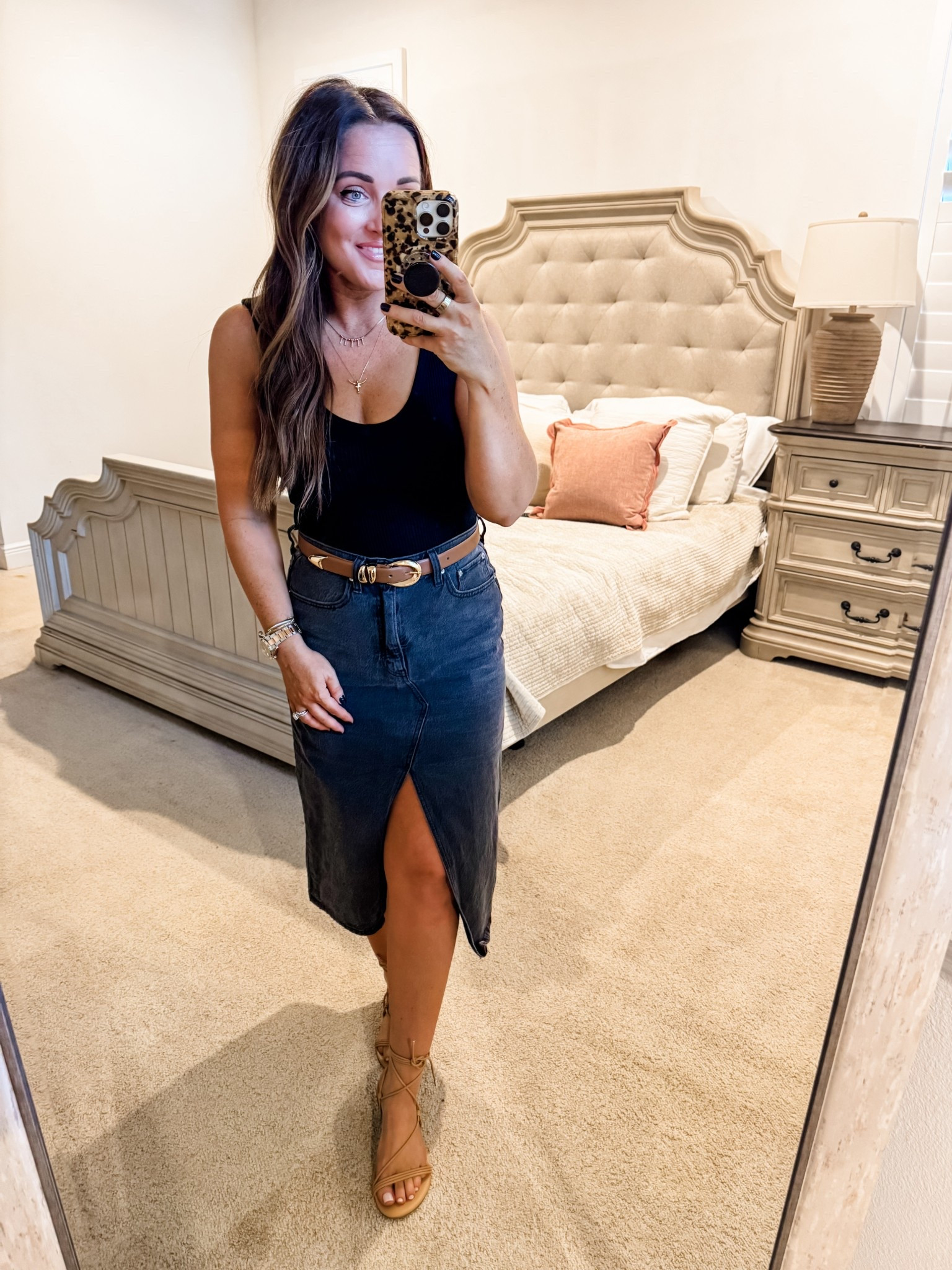 Tank - M, Denim - 28 (tts) 
5’2” 145 lbs 
—
Amazon tank | Tank top set | Ribbed tank | Cropped tank | Black on black | Black and tan | Amazon belt | Gold hardware | Gold accessories 

#LTKWorkwear #LTKStyleTip #LTKFindsUnder50