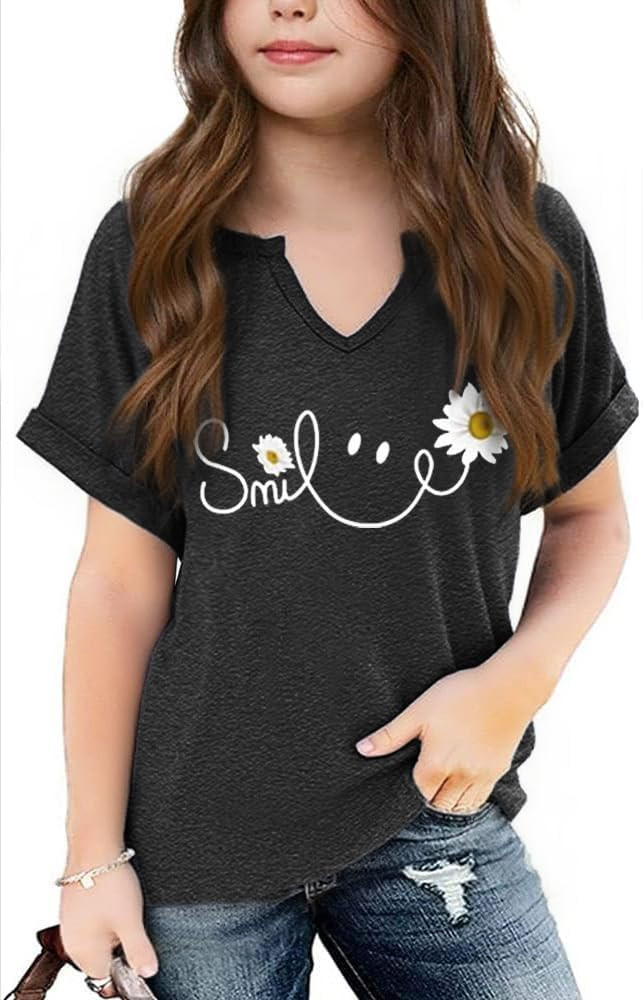 Girl's V Neck Short Sleeve T-Shirt Summer Fall Casual Cute Holiday Graphic Tees Tops 5-14 Years B... | Amazon (US)
