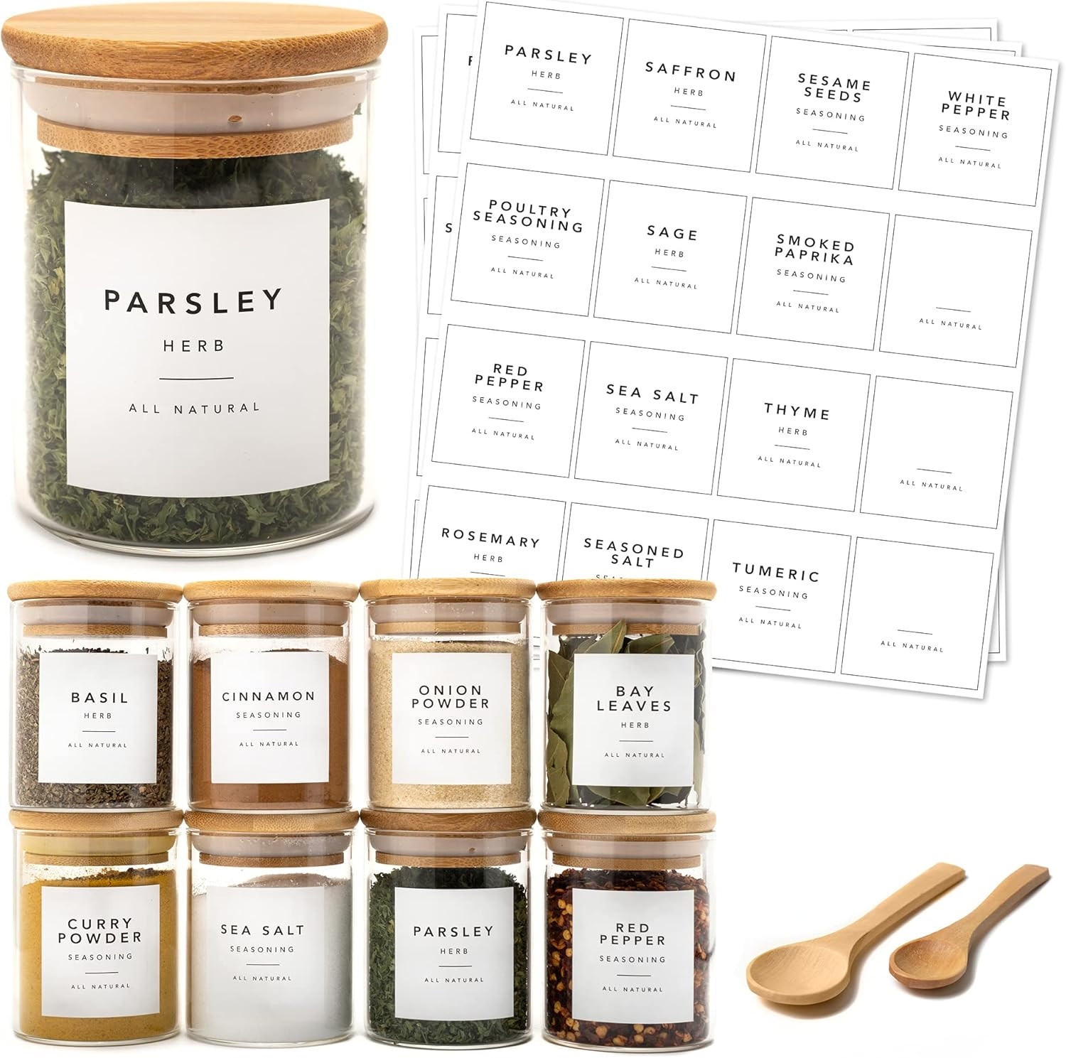 Glass Spice Jars with Bamboo Lids. 6oz Glass Jars with Lids. 12x Seasoning Containers for Organiz... | Amazon (US)