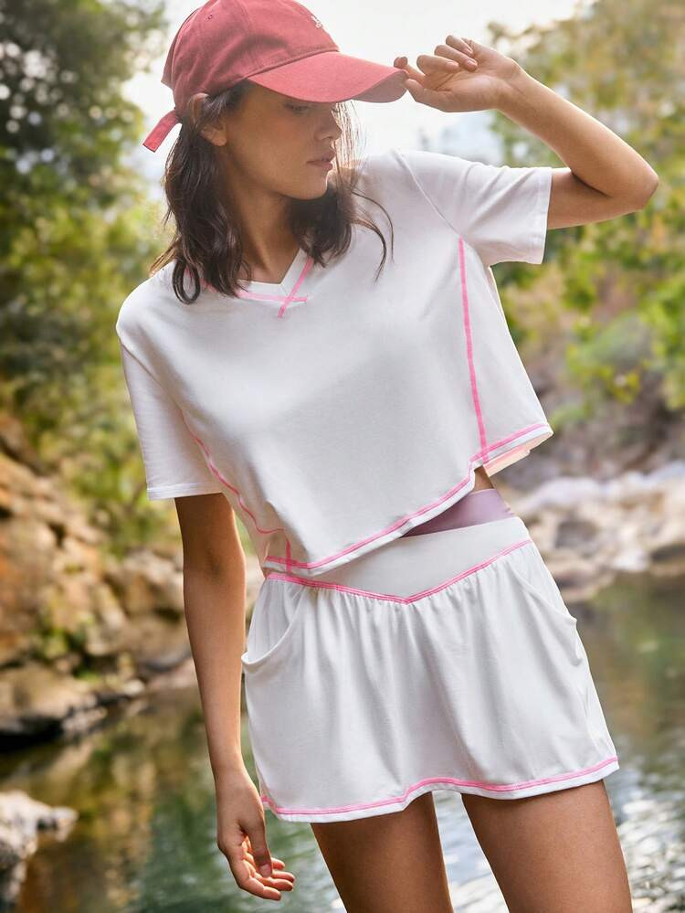 SHEIN Unity RUN HIKE Women's 2 Pieces Set White Summer Modest Vacation V-Neck Short Sleeve Crop Top And Contrasting Trim Mini Skirt Casual Outfits | SHEIN