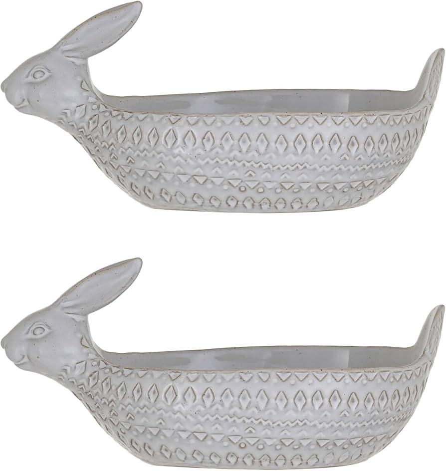 Creative Co-Op Debossed Stoneware Rabbit Bowl with Reactive Glaze, White, Set of 2 | Amazon (US)