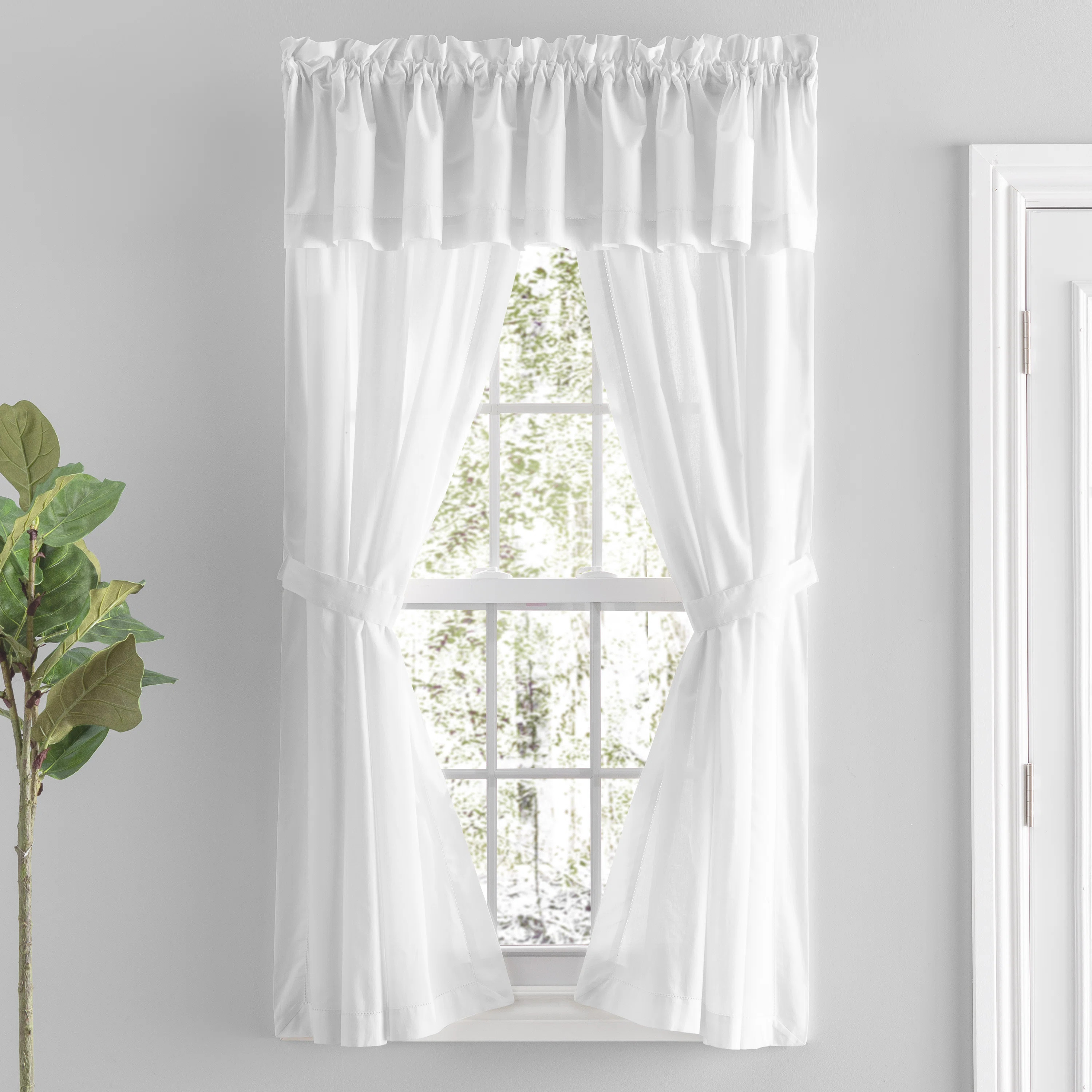 Blandford Premium 100% Cotton Solid Hemstitch Semi-Sheer Rod Pocket Curtain Panels with Tie-Backs... | Wayfair North America