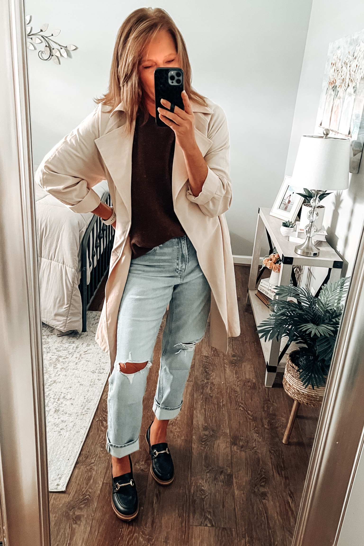 Fall outfit trends. Trench coat, straight jeans from Gap Factory have stretch, fit tts. On sale. Styled with crewneck sweater, block heel loafers from Walmart

Walmart fashion, Walmart finds, Walmart shoes, everyday outfit, sale, casual chic outfit, trends, fall outfits, fashion over 40

#LTKsalealert #LTKunder50 #LTKstyletip