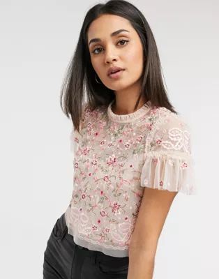 Needle & Thread embroidered crop top in blush floral | ASOS (Global)